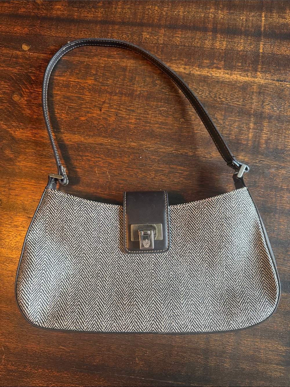 Herringbone Small Shoulder Bag in Black & White with Leather Trim